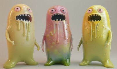 Sticker - Three colorful plastic monsters with dripping mouths and tongues. Generative AI.