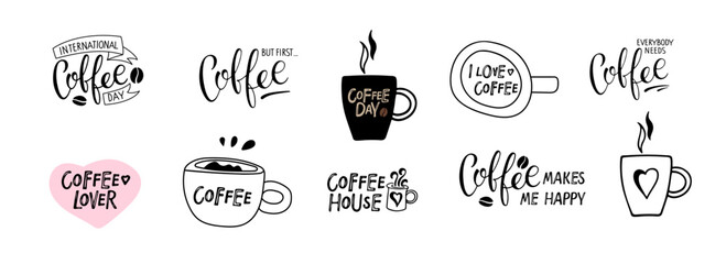 Wall Mural - Coffee quotes set. Hand drawn typography quote collection. Vector handwritten lettering. Good morning mood phrases in doodle style. For coffee shop for greeting, invitation, card, sticker