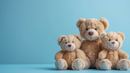 Canvas Print - Three toy bears sitting together on a blue background. Generative AI.