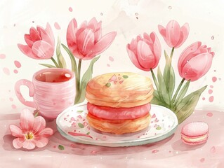 Poster - A painting of a cozy breakfast, a plate with some cake, and flowers. Generative AI.