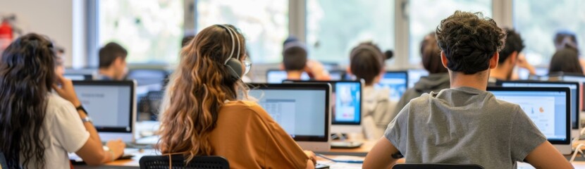 A group of people sitting at computers with headphones on. Generative AI.