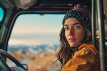 Young female driver in winter attire inside a truck cab looking at the snowy landscape