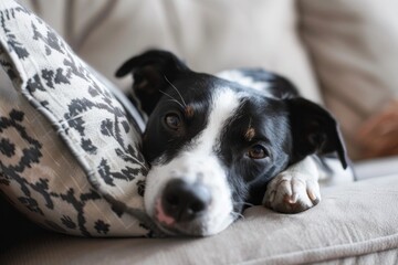 Wall Mural - a comforting image of a black and white dog with expressive eyes resting its head on a pillow with i