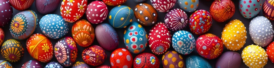 Canvas Print - A bunch of colorful eggs are displayed on a wall, AI