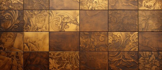 Poster - A detailed image showing a wall covered in metal tiles arranged in a decorative pattern up close