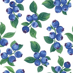 Aufkleber - Fresh blueberries with leaves on white background pattern