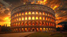 The Colosseum In Rome, Italy At Sunset With Dramatic Sky
