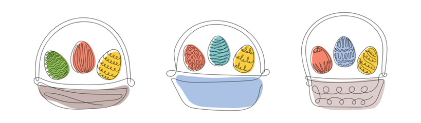Wall Mural - Set of Wicker baskets with colorful Easter eggs. Continuous one line drawing. Vector illustration isolated on white. Festive decoration. For Easter promotions, greeting cards, holiday invitations.