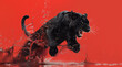a fierce panther leaping through splashing water with a bold red backdrop