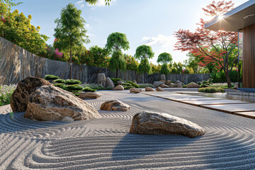 Poster - A meticulously arranged rock garden, showcasing the beauty of minimalist landscaping and incorporating natural elements. Concept of zen-inspired gardening. Generative Ai.