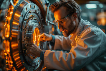 Poster - A scientist adjusting the parameters of a particle accelerator, unlocking the secrets of particle physics and fundamental particles. Concept of particle acceleration. Generative Ai.