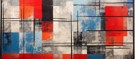 Poster - A painting showcasing a mix of red, blue, and grey colors in an abstract design
