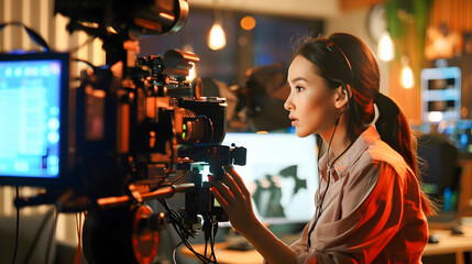 Woman Filming and Editing in a Professional Video Production Studio