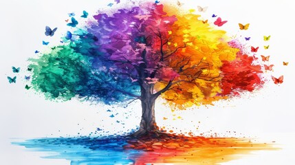 Wall Mural - a painting of a colorful tree with butterflies on the top and bottom of the tree, with a white background.