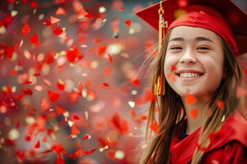 Wall Mural - A young girl wearing a graduation cap and gown stands amidst falling confetti