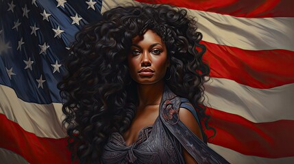 African American woman with curly hair, representing freedom and human rights, with the American flag in the background