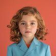 A young girl with auburn curls and brown eyes, dressed in blue office coat against a coral solid background.