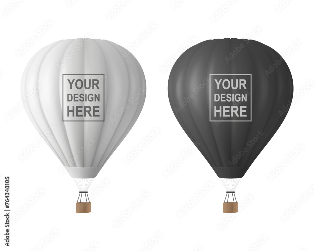 Vector 3d Realistic White and Black Hot Air Balloon Icon Set, Isolated ...