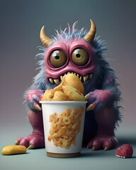 Wall Mural - Sad small pink and blue monster eating food, for characters design, for 3d design, for ilustrations design.