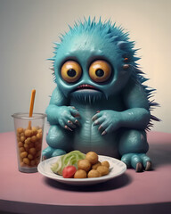 Wall Mural - Sad small blue monster and food, for characters design, for 3d design.