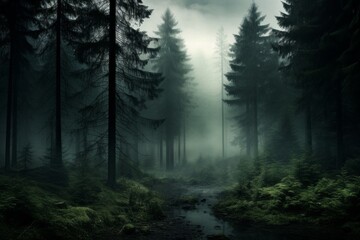 Wall Mural - Enigmatic and mysterious wallpaper background with a fog-covered forest