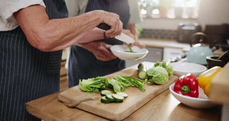 Wall Mural - People, hands and cutting vegetables with bowl for food preparation, diet or healthy meal in the kitchen. Closeup of person, chef or cook with natural slices of organic green salad for snack at home