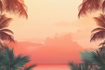 Wall Mural - Tropical and paradise-like social media background with palm leaves and sunset hues