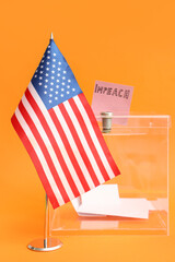 Wall Mural - USA flag and ballot paper with word IMPEACH in voting box on orange background