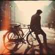 Man With a Bicycle in a moment captured from a bygone era.Generative Ai
