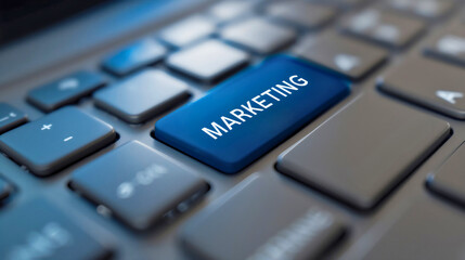 Wall Mural - closeup of blue marketing key on grey laptop keyboard. digital business technology and communication