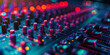 Detailed audio mixer console in a professional sound studio, with glowing LED lights and intricate equipment.