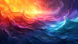 This image features a striking abstract representation of waves in a tumultuous ocean set against a radiant backdrop that transitions from deep purple to a bright, fiery orange, mimicking the colors o