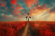 The image depicts a solitary white church standing in a field of striking red flora, under a sky brushed with the warm hues of sunset