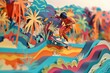 Colorful paper cut of a bustling summer skateboarding park