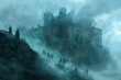 Mysterious Medieval Castle Shrouded in Fog on a Rocky Mountain Landscape, Fantasy or Historical Themed Background