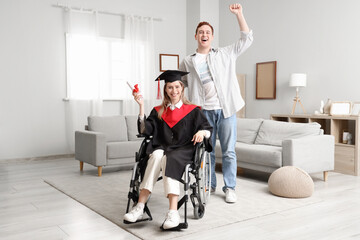 Poster - Happy female graduate in wheelchair with diploma and her friend at home