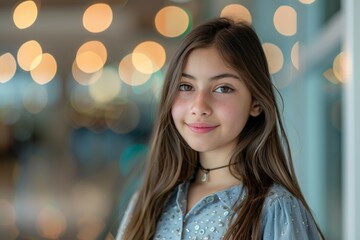 Canvas Print - A girl with long brown hair is smiling at the camera