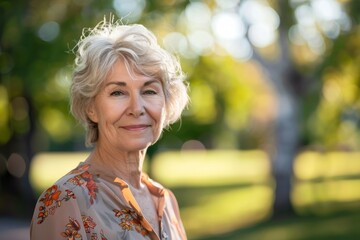 Wall Mural - A woman with short hair and a floral shirt is smiling in a park