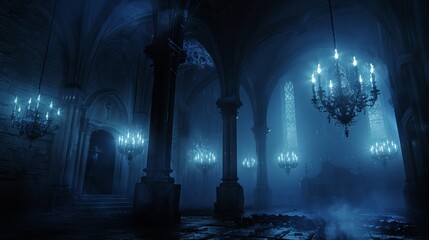 A dark room with chandeliers and a large stained glass window, AI