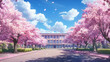 Anime school background with cherry blossom trees, pastel colors, blue sky, sunshine, white clouds, and a clear road leading to the main entrance of an anime-style high school building. 