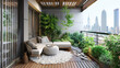 Zen-inspired balcony garden with minimalist furniture and bamboo accents