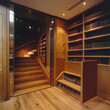 A staircase with a hidden library behind a sliding bookcase