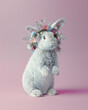 Cute little bunny with flower wreath on the head on pastel pink background. Abstract minimal Easter concept.	