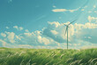 Wind turbines in grass field on sunny day. Environment. Go Green.