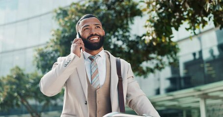 Poster - Happy, businessman or conversation with phone call for communication or networking in city. Young man or employee talking with smile on mobile smartphone for friendly outdoor discussion in urban town