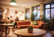 Blurred image of a cozy hostel common room, generative AI