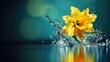 A vibrant yellow daffodil showcases its beauty with a mirrored reflection, doubling the floral brilliance. Ai Generated.
