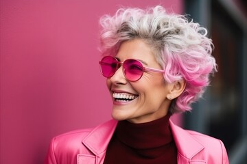 Poster - Closeup portrait of a beautiful woman with pink hair wearing pink sunglasses