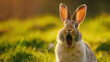 Surprised and shocked bunny rabbit on grass. Excited hare