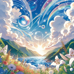 landscape with butterflies and flowers,sky, water, clouds,sea,blue, sun, flowers, illustration, Ai generated 